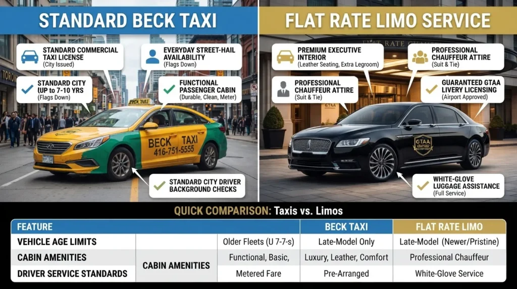 An infographic comparison between a yellow and green Standard Beck Taxi and a sleek black Flat Rate Limo Service sedan in Downtown Toronto, highlighting key differences in vehicle age limits, cabin amenities, and driver standards.