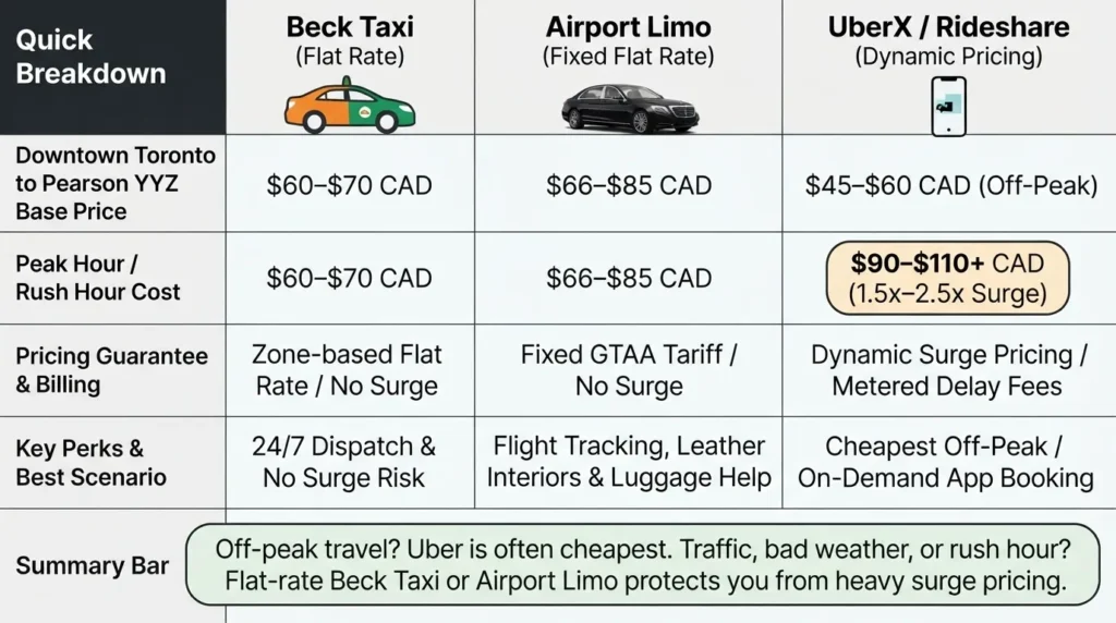 A detailed comparison chart showing rates from Downtown Toronto to Pearson YYZ Airport between Beck Taxi, Airport Limo, and UberX, illustrating how flat-rate airport limos protect travelers from rush hour surge pricing.