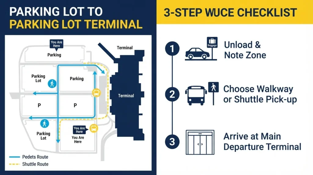 An infographic guide titled 'Parking Lot to Parking Lot Terminal' featuring a 3-step WUCE checklist (Unload & Note Zone, Choose Walkway or Shuttle, Arrive at Main Departure Terminal) with a map showing pedestrian and shuttle routes.