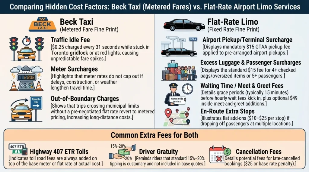An infographic comparing hidden cost factors between Beck Taxi metered fares and Flat-Rate Airport Limo Services in Toronto, highlighting extra charges like traffic idle fees, airport pickup surcharges, and Highway 407 ETR tolls.