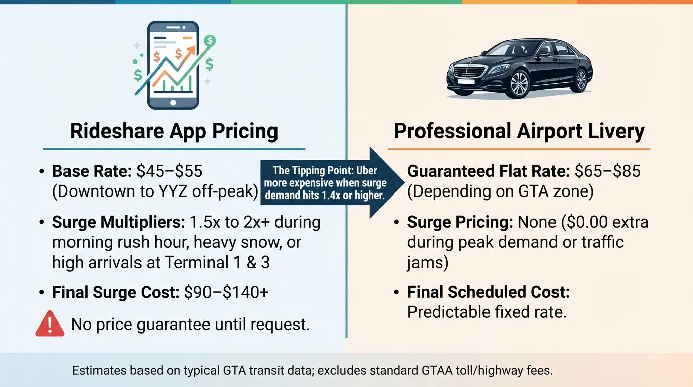 An infographic comparing Rideshare App Pricing from Downtown Toronto to YYZ with Professional Airport Livery guaranteed flat rates across GTA zones.