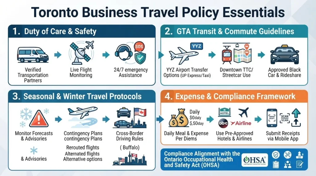 An infographic detailing the Toronto Business Travel Policy Essentials, covering Duty of Care & Safety, GTA Transit & Commute Guidelines, Seasonal & Winter Travel Protocols, and the Expense & Compliance Framework aligned with the Ontario Occupational Health and Safety Act (OHSA).
