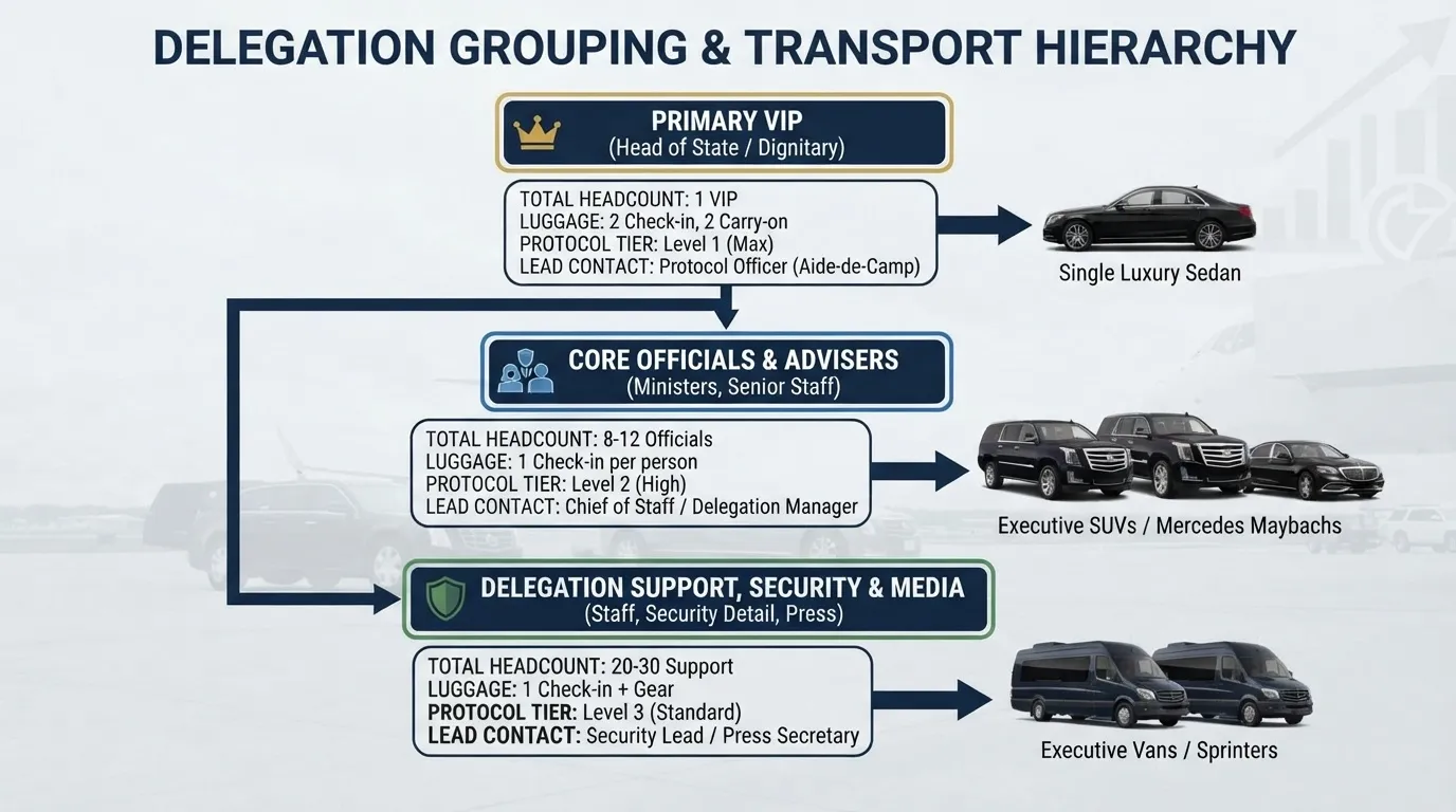 Infographic showing the Delegation Grouping and Transport Hierarchy by VIP Airport Limo Toronto, outlining vehicle allocations for Primary VIPs, Core Officials, and Support Staff.