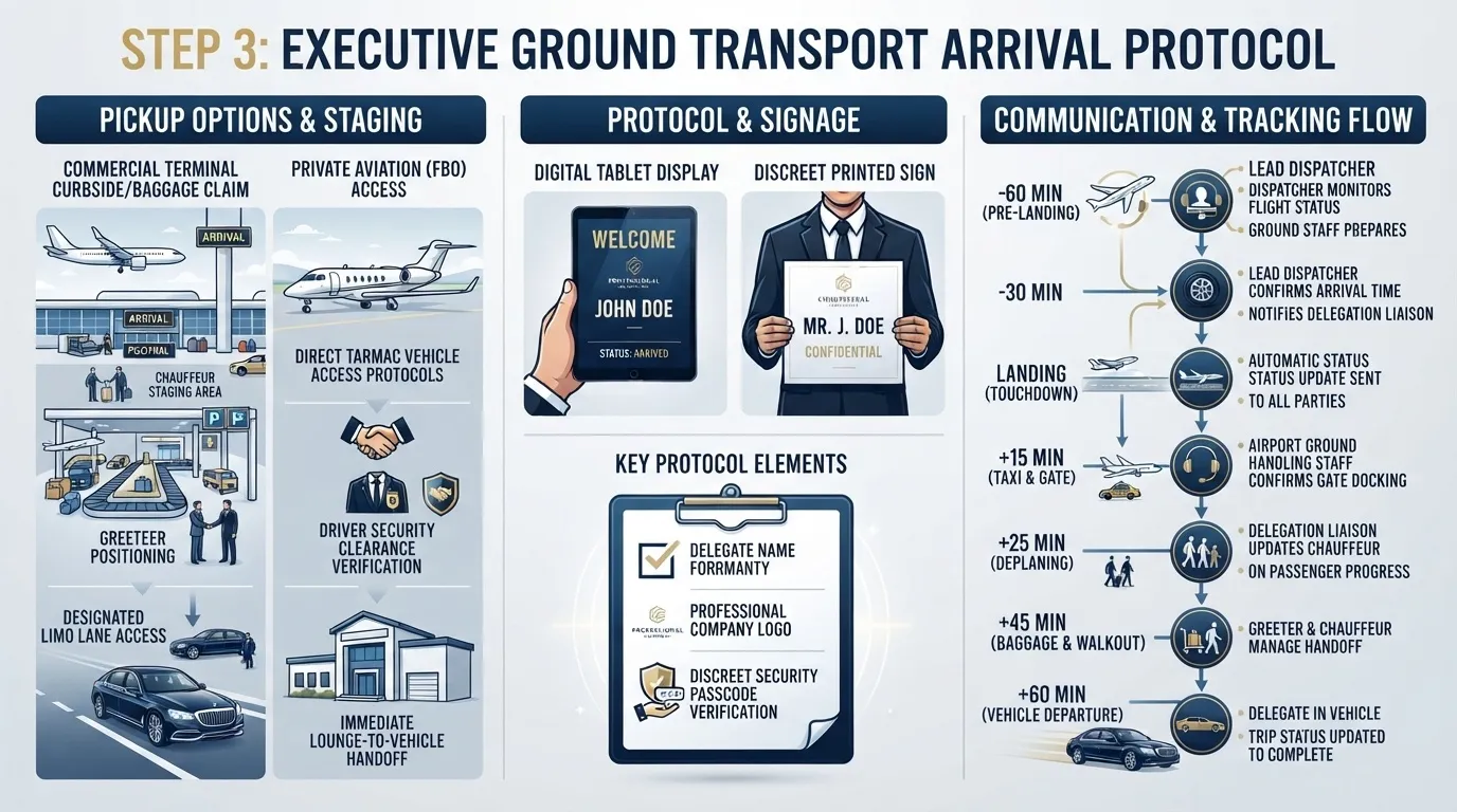 Infographic detailing the Executive Ground Transport Arrival Protocol for VIP Airport Limo in Toronto, illustrating commercial terminal and private aviation FBO pickup staging, discreet digital/printed signage, key protocol elements, and a minute-by-minute communication and tracking timeline.