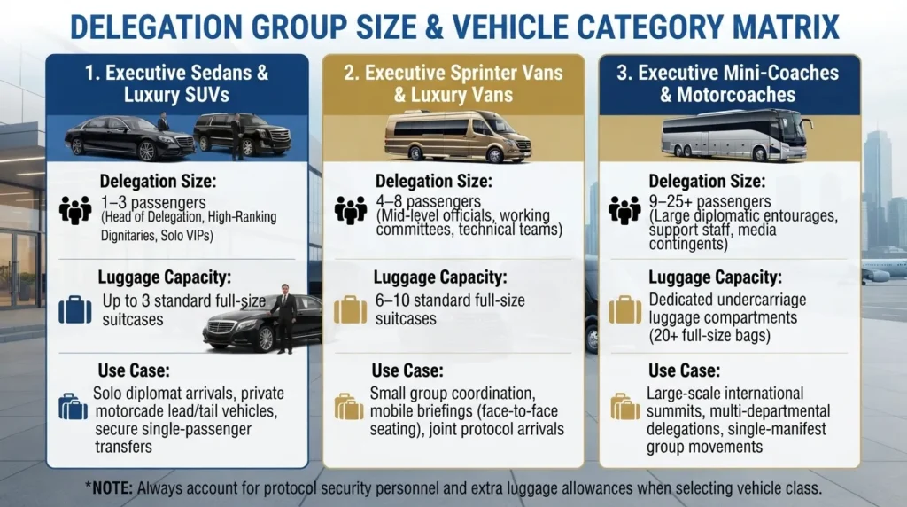 An infographic showing the delegation group size and vehicle category matrix for VIP Airport Limo, outlining passenger and luggage capacities for executive sedans, luxury SUVs, sprinter vans, and executive mini-coaches.