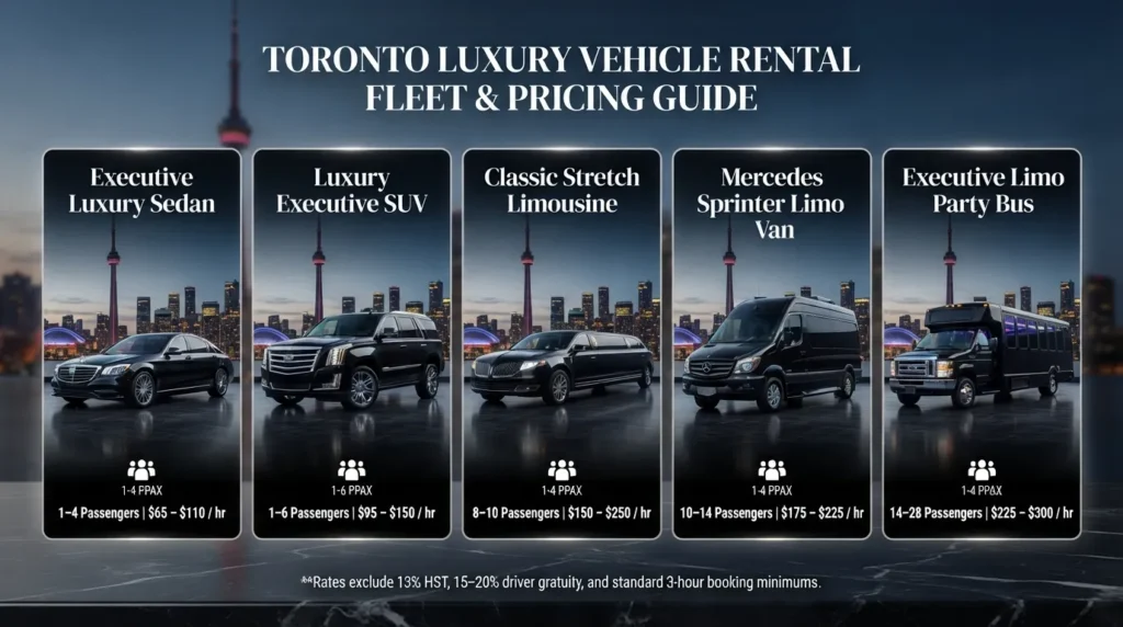 Comparison graphic displaying Toronto limo rental prices and passenger capacities across luxury sedans, SUVs, stretch limousines, Sprinter vans, and party buses.