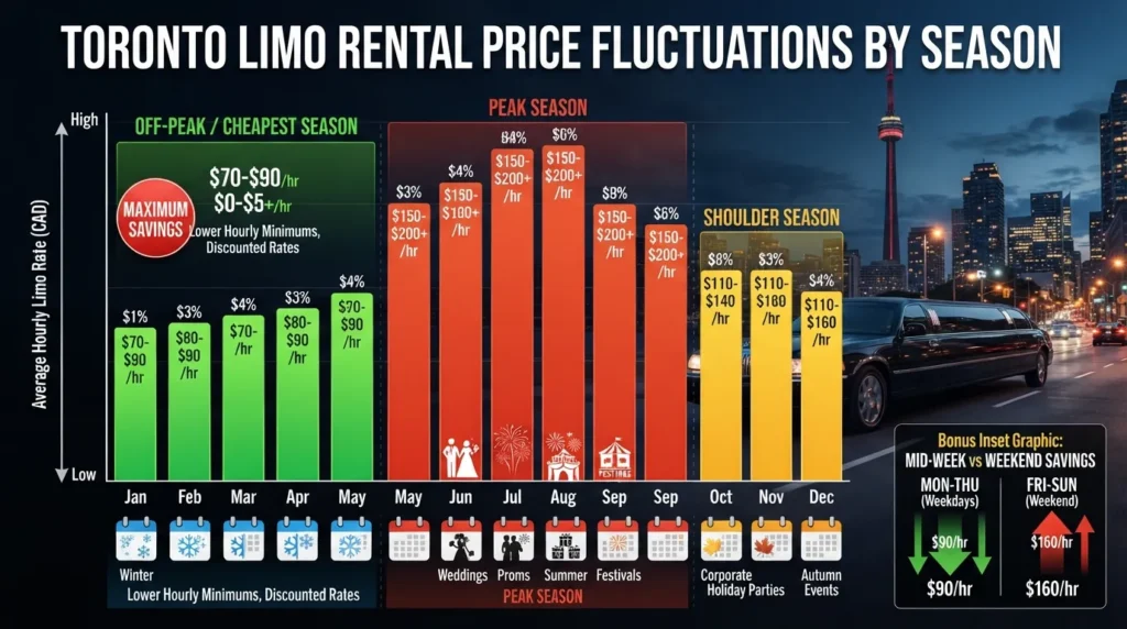 Infographic showing GTA limo rental rates by season, highlighting winter and weekday off-peak savings compared to peak spring and summer rates.