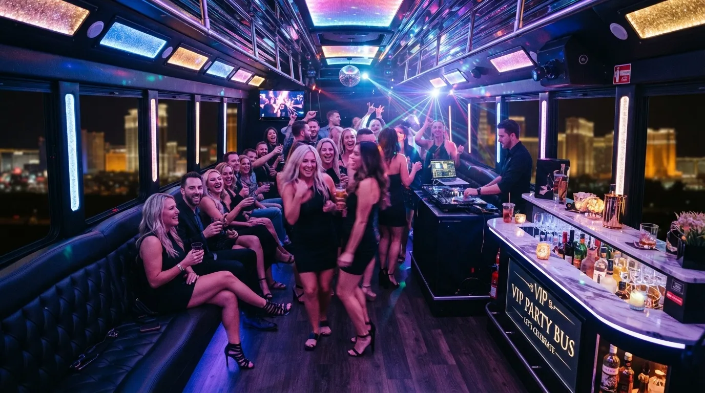 Lively interior of a luxury VIP party bus in Toronto featuring neon lighting, a built-in bar, DJ station, and people celebrating.