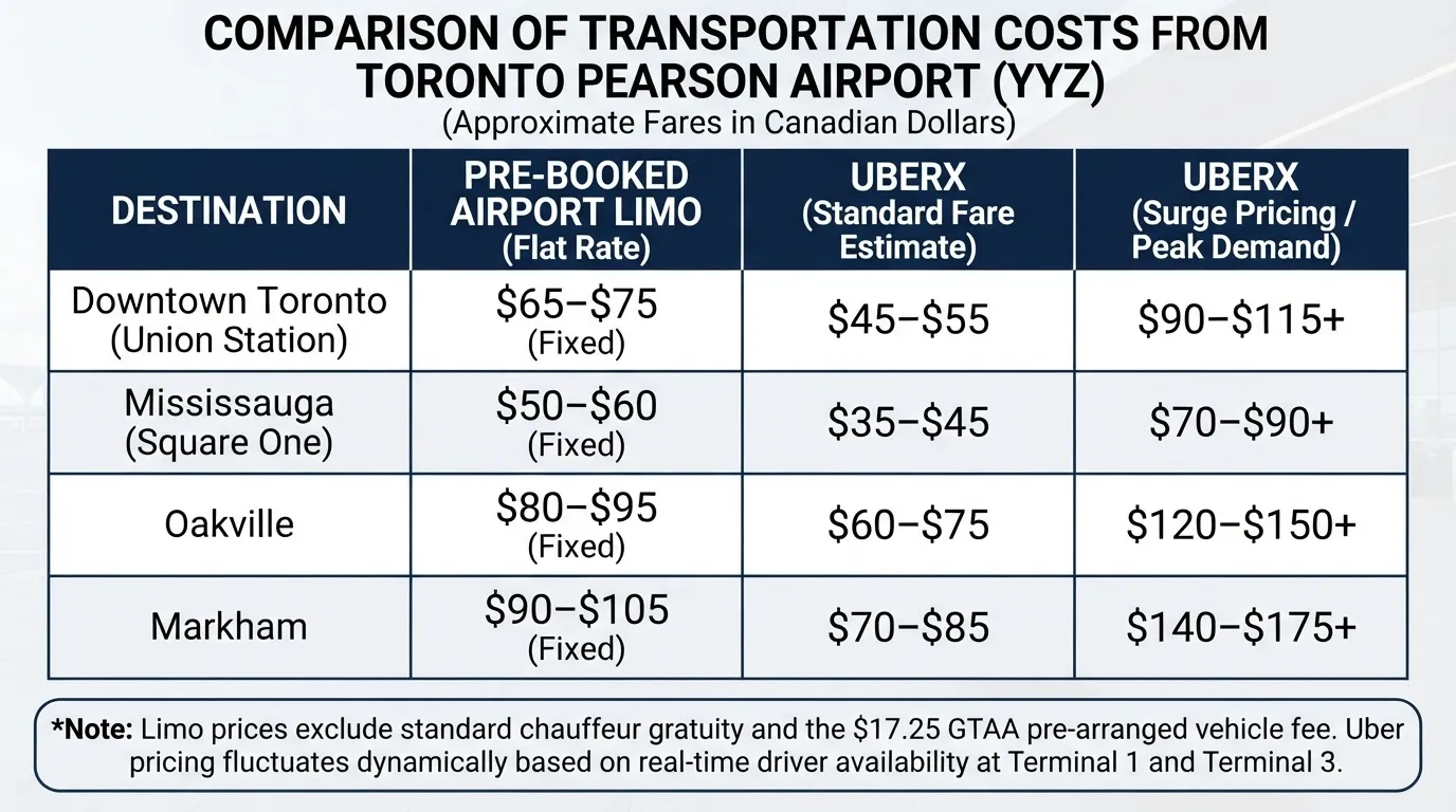 A comparison table detailing transit costs from Toronto Pearson Airport (YYZ) to Downtown Toronto, Mississauga, Oakville, and Markham comparing Pre-Booked Airport Limo rates to UberX standard and surge fares.