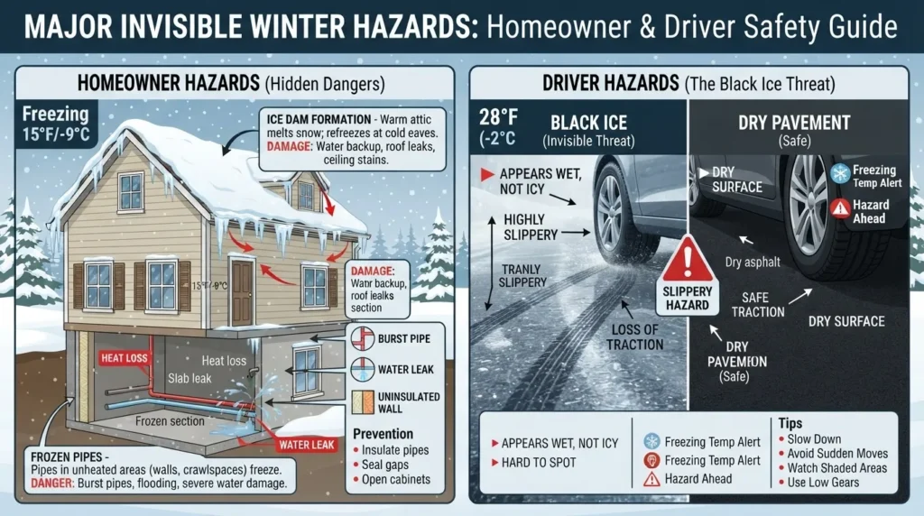 An educational infographic by Local Brand detailing major invisible winter hazards including frozen pipes, ice dams, and black ice driving safety tips for Toronto residents.