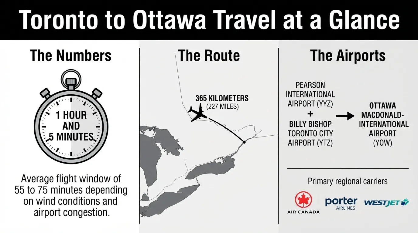 An infographic detailing Toronto to Ottawa flight travel times of 1 hour and 5 minutes, flight distance of 365 km, and departures from Pearson YYZ and Billy Bishop YTZ airports.
