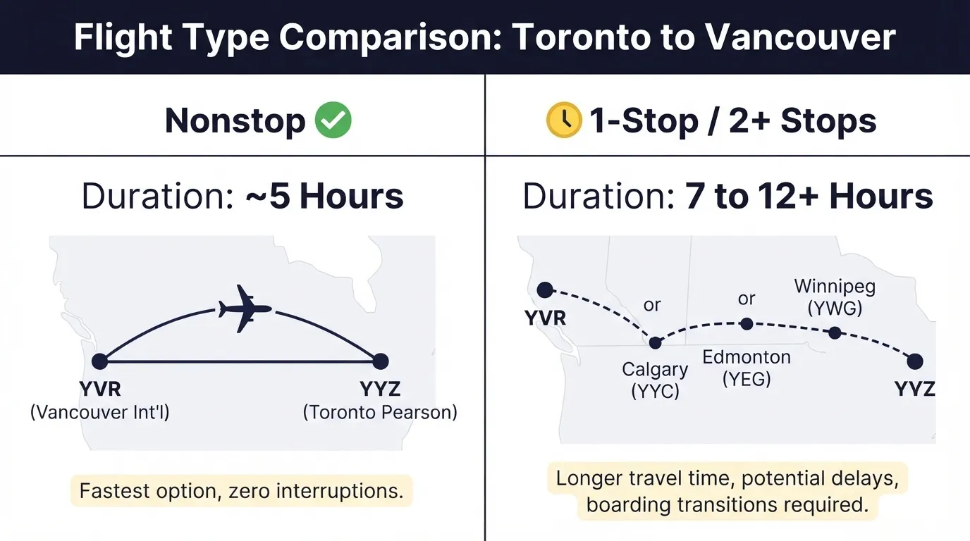 An infographic comparing nonstop flights from Toronto (YYZ) to Vancouver (YVR) lasting 5 hours versus 1-stop/2-stop flights lasting 7 to 12+ hours with layovers in Calgary, Edmonton, or Winnipeg.