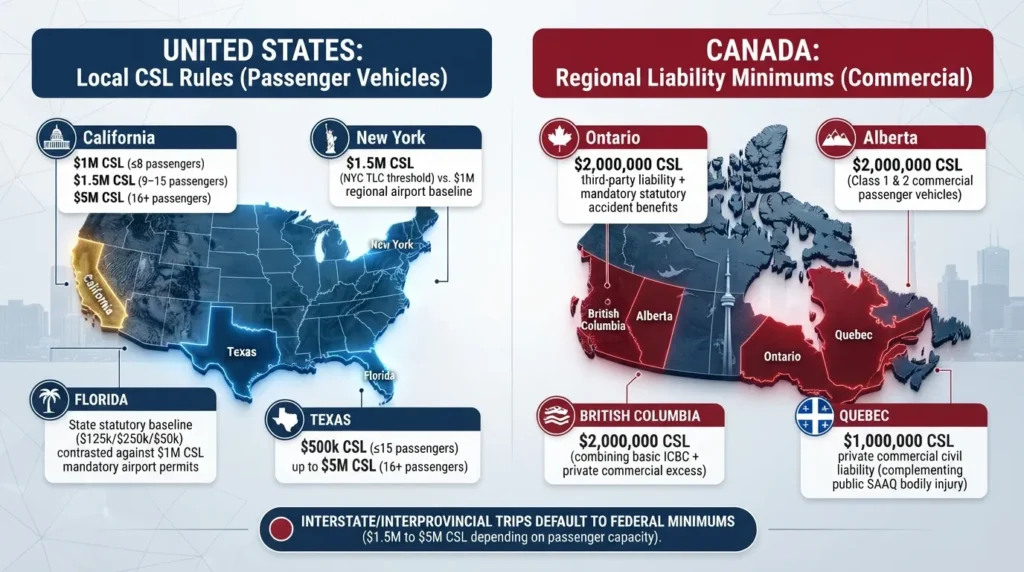 Comparison map and table showing commercial limousine liability coverage requirements and CSL minimums across US states and Canadian provinces.