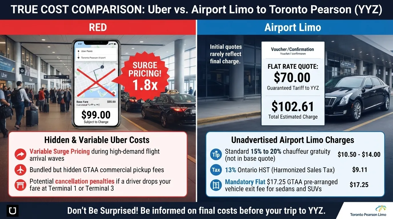 An infographic comparing the hidden costs of Uber versus an Airport Limo to Toronto Pearson Airport (YYZ), showing Uber's surge pricing of 1.8x bringing fares to $99.00, compared to an Airport Limo flat rate quote of $70.00 which reaches $102.61 after adding chauffeur tips, 13% Ontario HST, and GTAA vehicle exit fees.