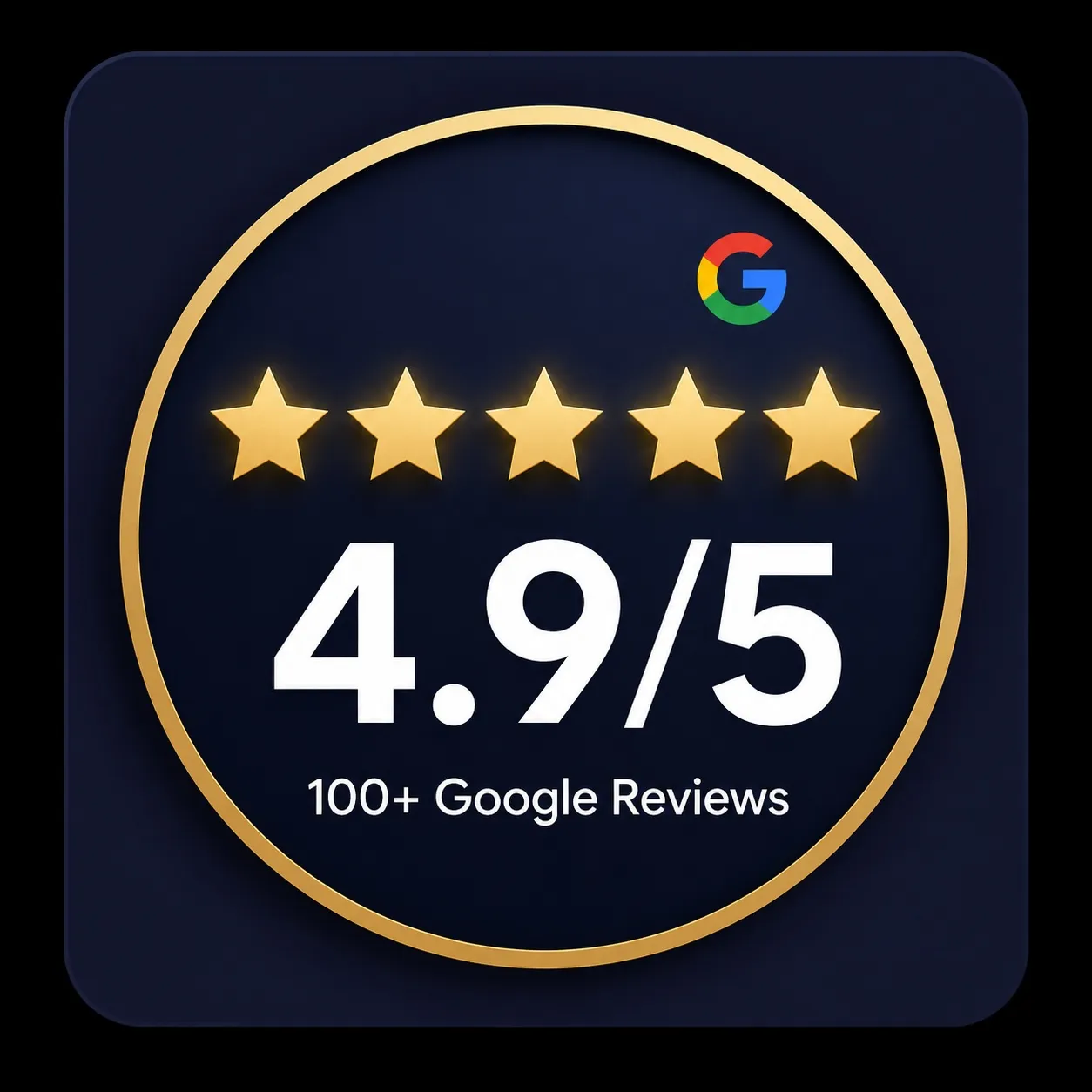 Gold 4.9 out of 5 stars emblem celebrating over 100 Google Reviews for VIP Airport Limo Services Party Bus & Event Limo Toronto.