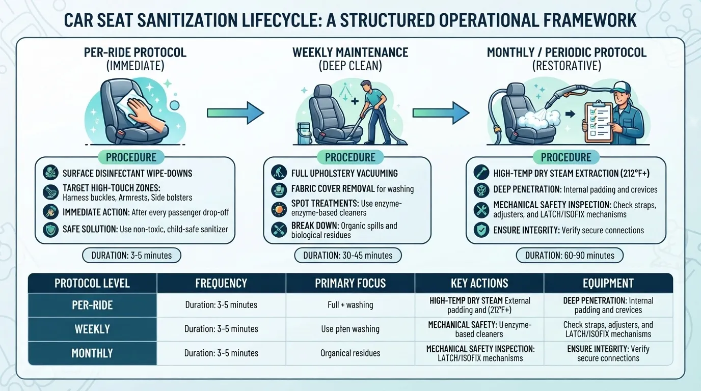 Infographic outlining the Car Seat Sanitization Lifecycle framework used by VIP Airport Limo in Toronto, detailing per-ride, weekly, and monthly deep-cleaning protocols for infant and toddler car seats.