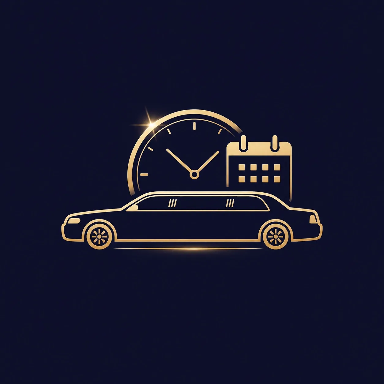 A golden graphic illustration on a dark blue background featuring a limousine silhouette, a clock face, and a calendar scheduler icon, representing scheduled luxury transport.