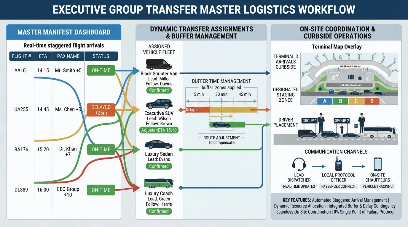 A detailed corporate logistics infographic illustrating the Executive Group Transfer Master Logistics Workflow for VIP Airport Limo in Toronto, showcasing real-time flight tracking, dynamic fleet assignments including Sprinter vans and SUVs, buffer time management, and on-site Terminal 3 airport coordination.