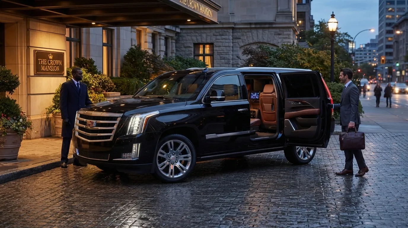 A black luxury Cadillac Escalade SUV parked on a wet cobblestone driveway outside a Toronto luxury hotel with a chauffeur holding the door for an executive passenger.