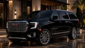A sleek, black GMC Yukon XL luxury SUV parked outside an upscale residence at night, representing premium airport transfer services by vippearsonairporthimilton.