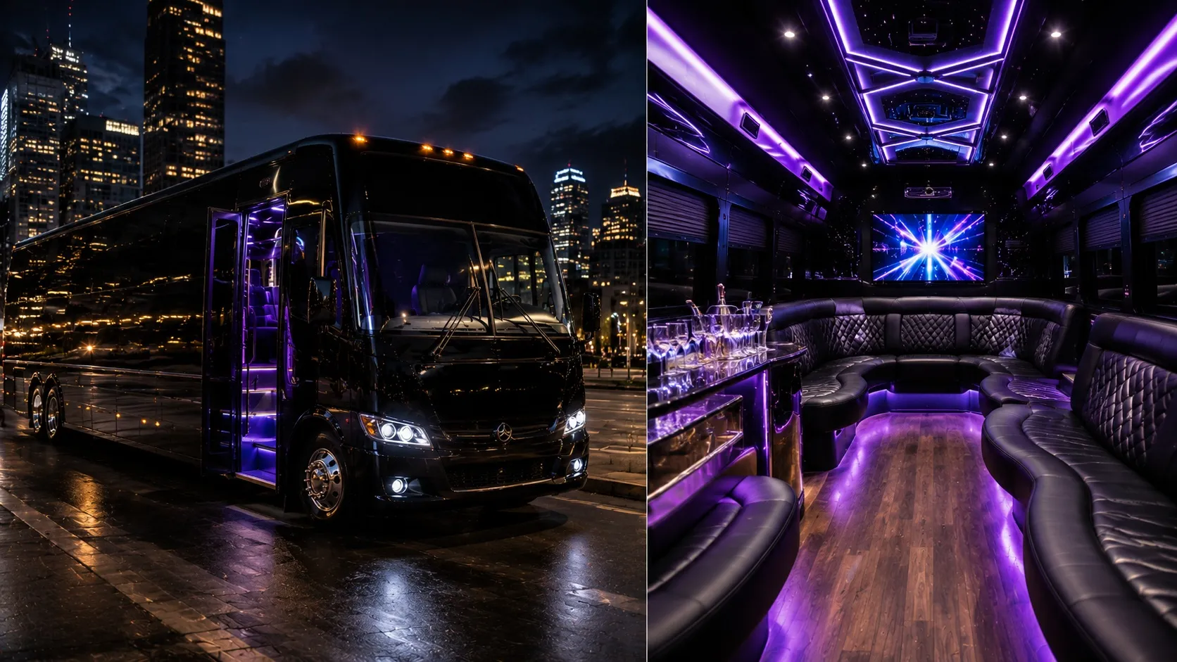 High-end black luxury party bus exterior and interior with purple LED accent lighting, leather perimeter seating, and upscale amenities in Toronto.