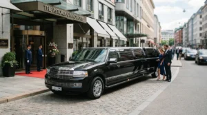 A sleek black stretch SUV limousine parked outside a luxury grand hotel entrance in Toronto, with a couple in formal wear being chauffeured by VIP limo service.