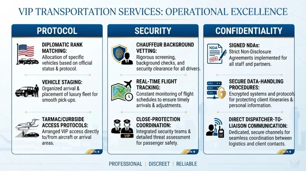 An infographic detailing the operational excellence of vipairportlimo, structured under three pillars: Protocol (Diplomatic Rank Matching, Vehicle Staging, Tarmac Access), Security (Chauffeur Background Vetting, Real-Time Flight Tracking, Close-Protection), and Confidentiality (Signed NDAs, Secure Data-Handling, Direct Dispatcher Communication).