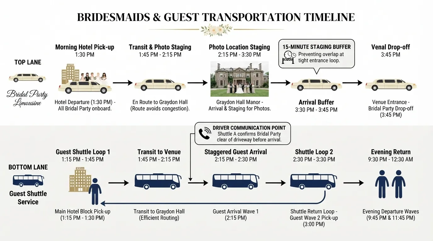 An infographic diagram outlining a detailed wedding day transportation timeline for bridesmaids and guests, showcasing bridal party limousines and guest shuttle service loops to Graydon Hall Manor in Toronto.