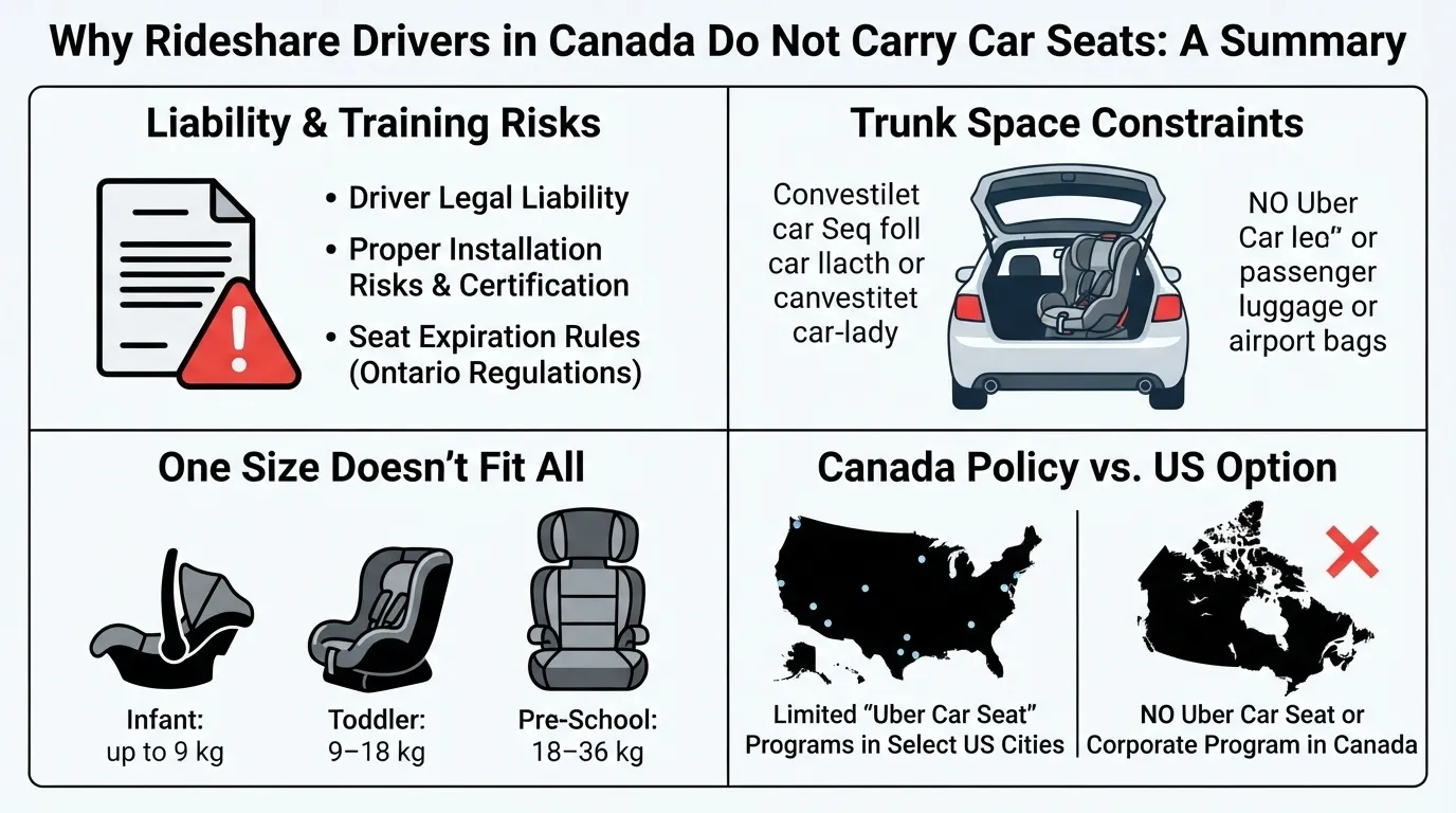 An infographic detailing why Canadian rideshare drivers do not provide car seats, covering Ontario liability risks, trunk space limits, varying child seat sizes, and policy differences between Canada and the US.