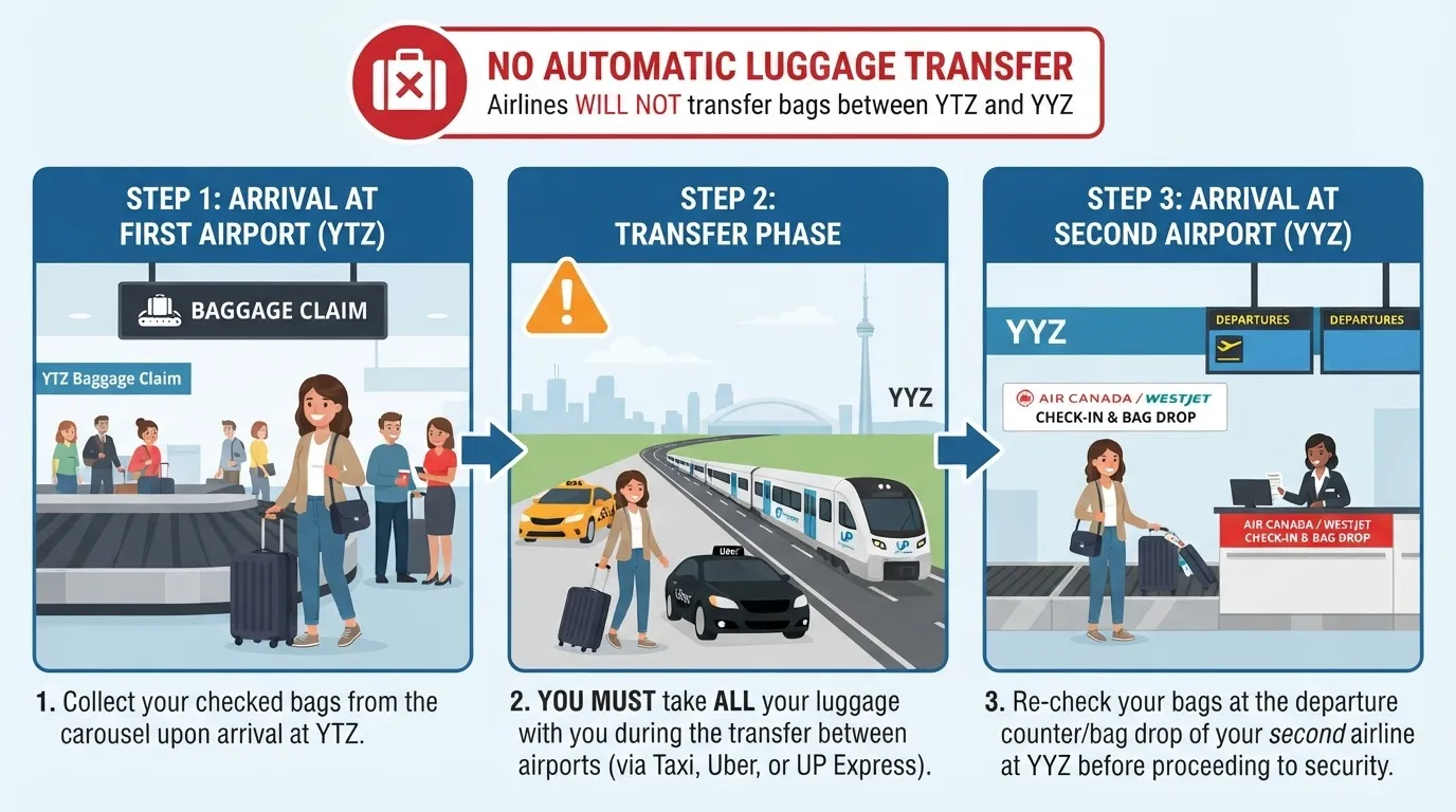 Infographic showing the 3-step manual luggage transfer process between YTZ Billy Bishop Airport and YYZ Toronto Pearson Airport.