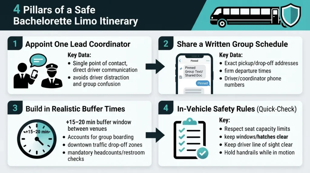 "Infographic illustrating a safe bachelorette party limo itinerary layout, including designated contact points, written schedule details, buffer times between stops, and passenger safety rules."