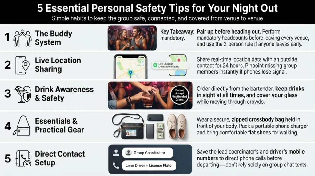 Infographic detailing 5 essential personal safety tips for a bachelorette party night out, including the buddy system, live location sharing, drink safety, essential bag items, and emergency contact numbers.