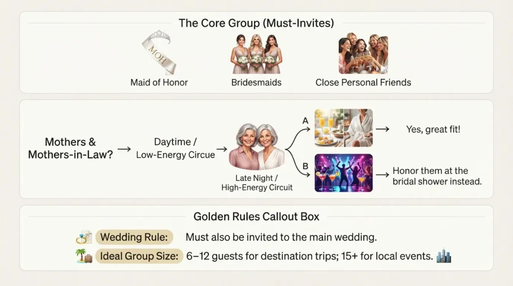 Flowchart showing who to invite to a bachelorette party, including bridesmaids, close friends, and family etiquette guidelines.