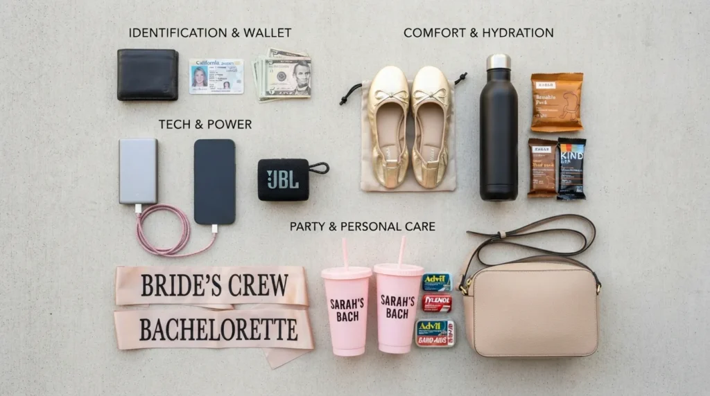 A flat-lay photograph showcasing essential items to pack for a party bus or limo night out, including IDs, cash, portable phone chargers, water bottles, flat backup shoes, medications, and themed party accessories.