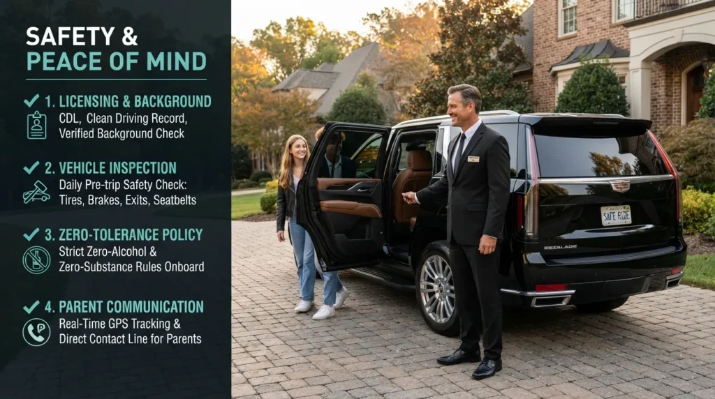 Professional uniformed chauffeur standing beside a luxury stretch limousine, holding a safety inspection checklist and wearing a crisp suit.