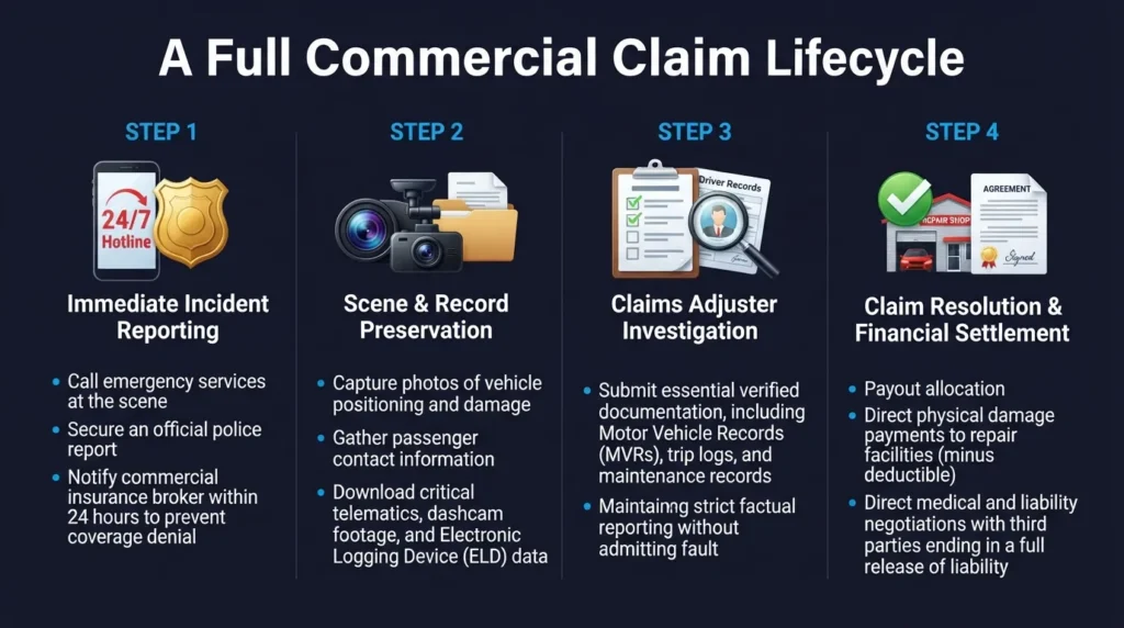 Step-by-step flowchart showing the four key stages of filing a commercial limo insurance claim, from initial accident reporting to final settlement.