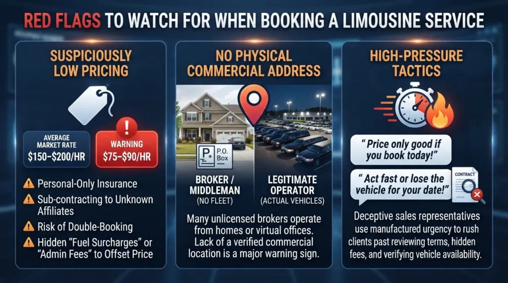 An informative comparison graphic detailing hidden red flags of low-quality limo services, including unusually cheap rates, residential business addresses, and high-pressure booking tactics.