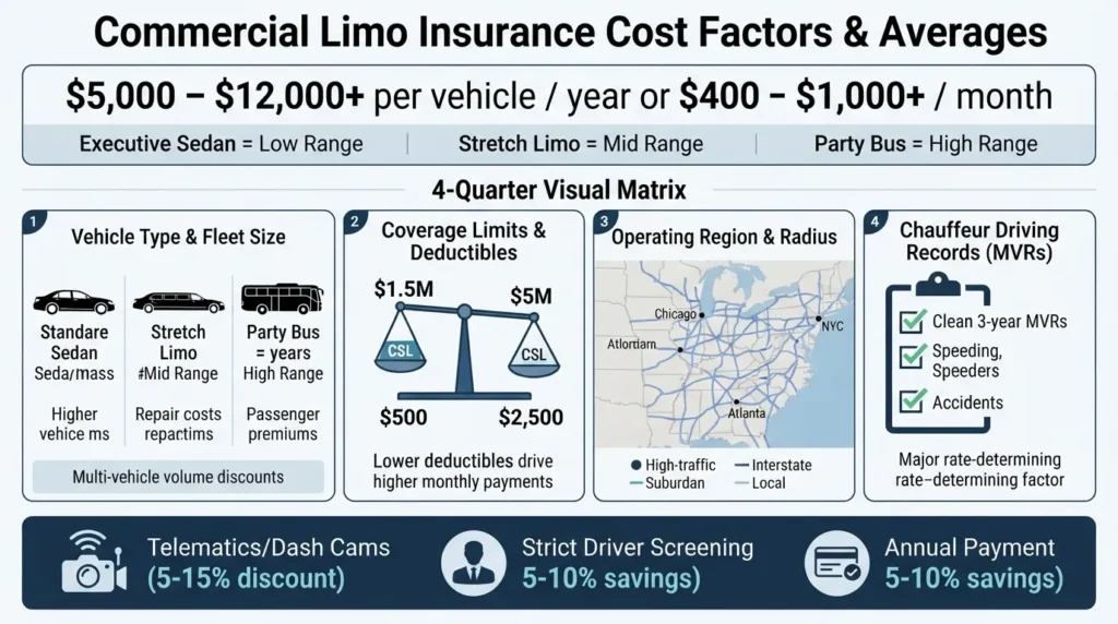 Infographic detailing commercial limousine insurance cost factors including fleet size, vehicle type, driver MVRs, and operating region with average annual rates.