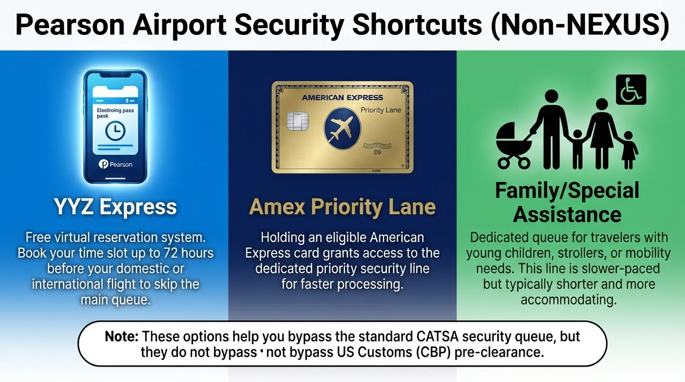 A clear infographic highlighting priority security lane alternatives at Toronto Pearson Airport for travelers without NEXUS, including YYZ Express, the Family Lane, and the American Express Priority Lane.