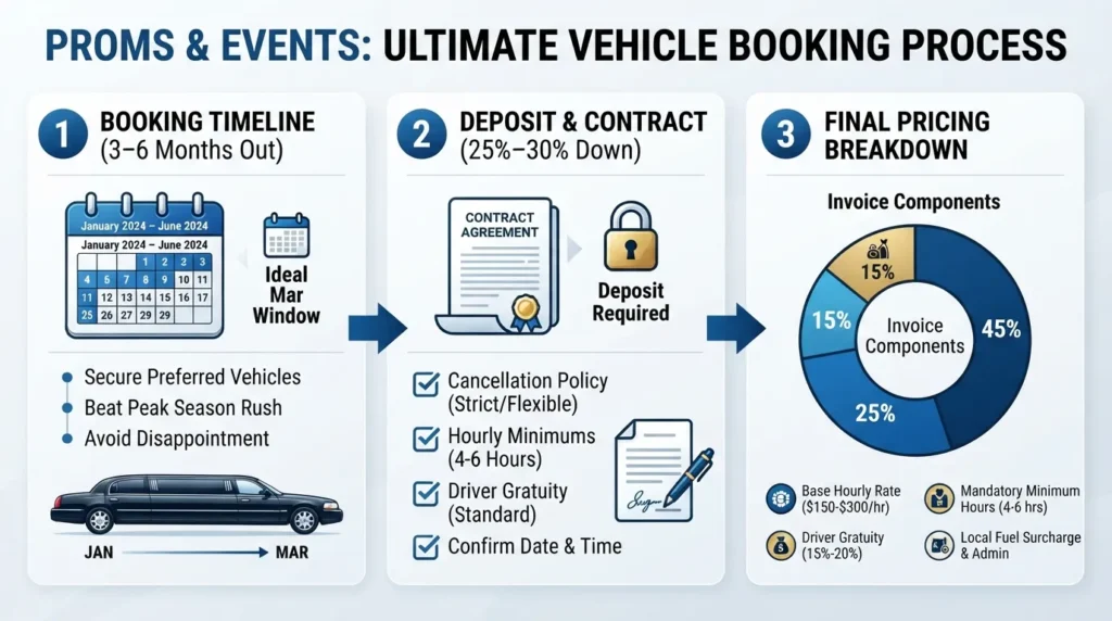 Step-by-step infographic showing the prom limousine booking timeline, deposit requirements, and total pricing structure for parents and students.