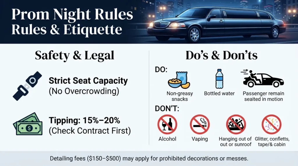 Infographic showing prom limo etiquette rules including passenger capacity limits, tipping guidelines, and onboard do's and don'ts.