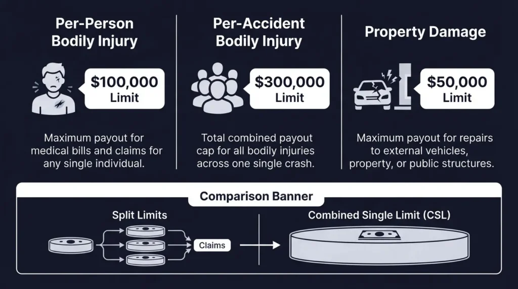 Infographic illustrating a commercial split limit policy breakdown (100/300/50) showing per-person bodily injury, total bodily injury per accident, and property damage liability limits.