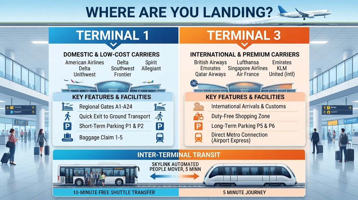 A side-by-side comparison diagram of Terminal 1 and Terminal 3 airport layouts, showing airlines, gate locations, and baggage claim areas to help travelers identify where their flight lands.