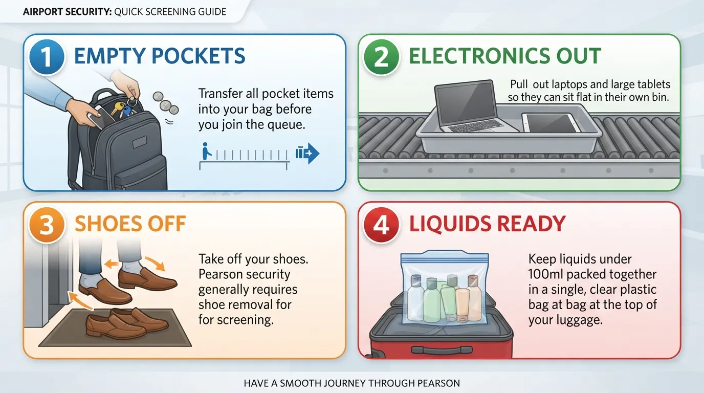 A step-by-step visual checklist showing a traveler preparing their belongings for the security screening bins at Toronto Pearson Airport, including emptying pockets, removing electronics, and taking off shoes.