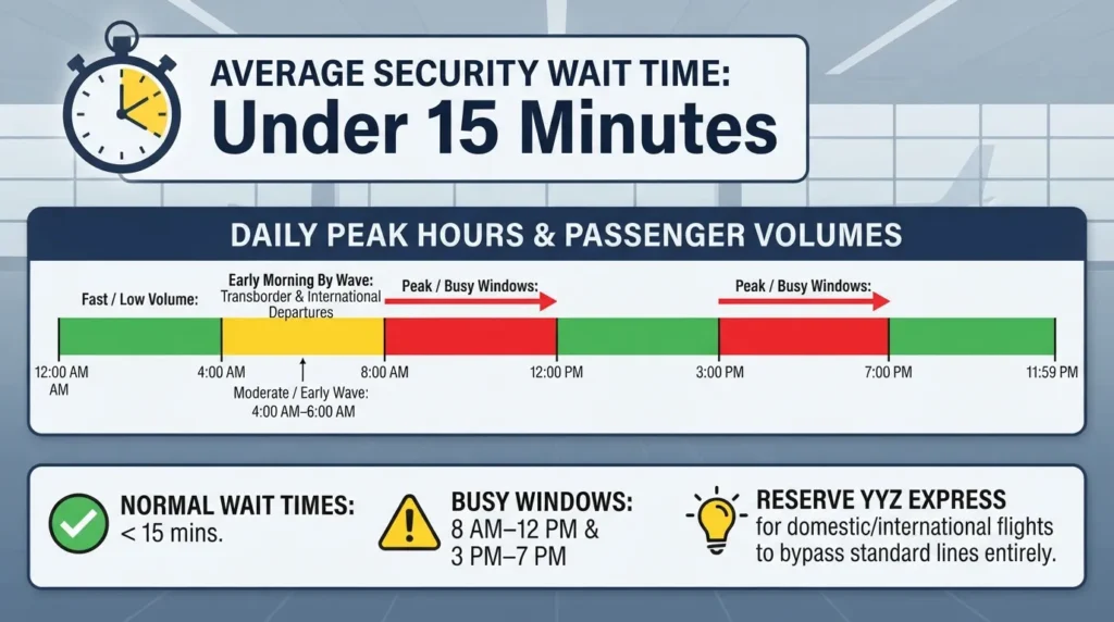 Infographic showing typical Toronto Pearson security wait times by day part, highlighting 15-minute average waits and peak passenger rush hours.