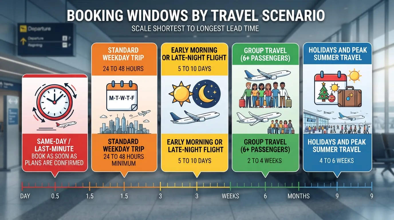 8Infographic showing recommended airport limo booking timelines, from 24-48 hours for standard trips up to 4-6 weeks for holiday and group travel