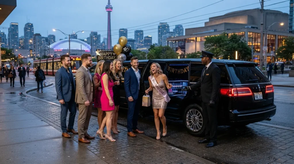 Luxury birthday limo in Toronto with passengers enjoying a stylish group celebration