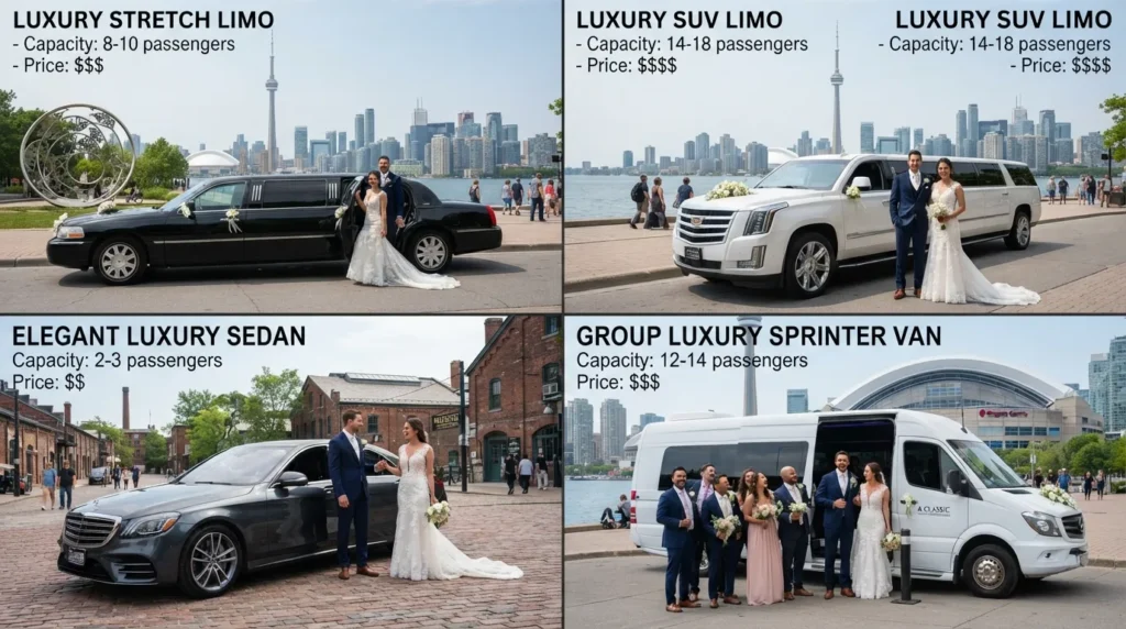 Luxury wedding limousines in Toronto, showing different limo options and price comparisons for couples choosing wedding transportation