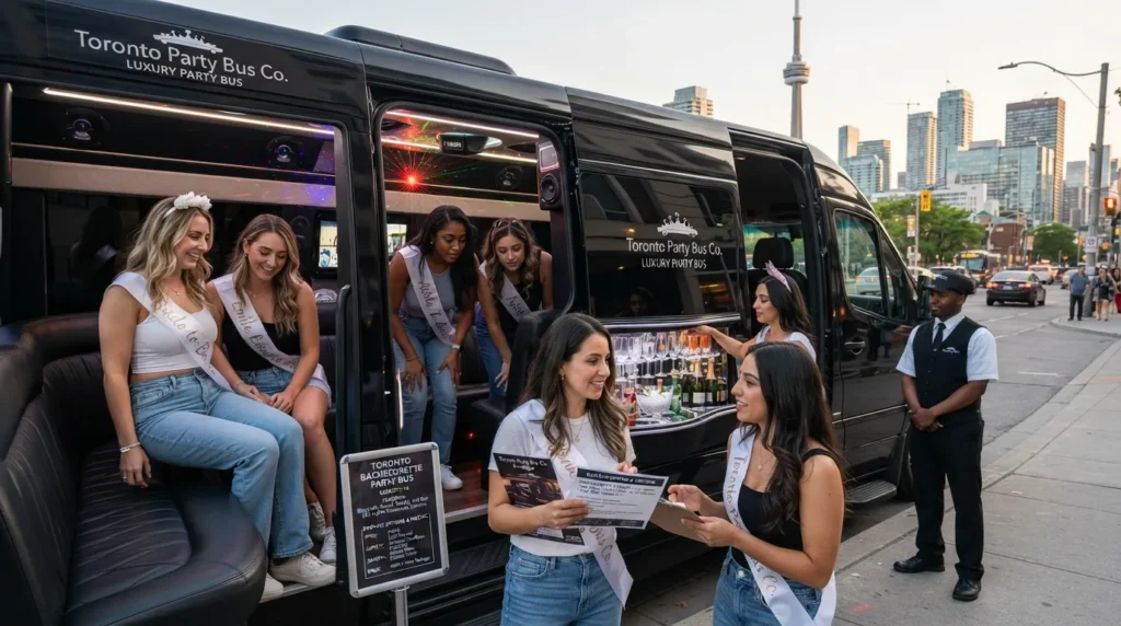 Bachelorette party group comparing a Toronto party bus based on size, amenities, safety, itinerary, and rental price