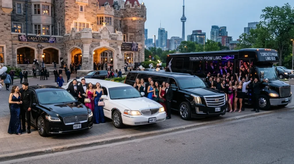 Luxury sedan, classic stretch limousine, SUV stretch limo, and party bus representing prom transportation options for different group sizes in Toronto